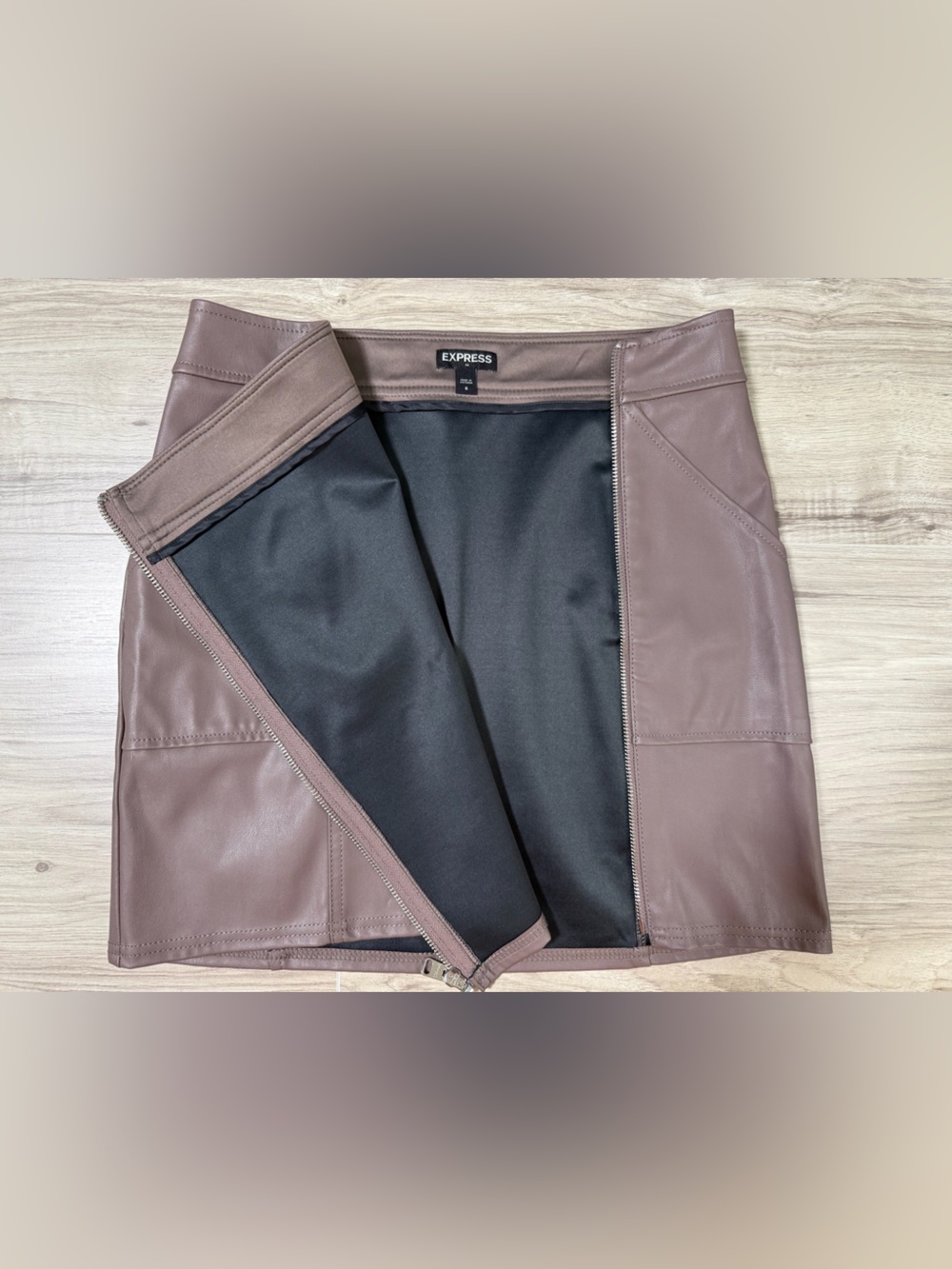 Express Chocolate Brown Faux Leather Mini Skirt with Side Zip - Picture 6 of 11